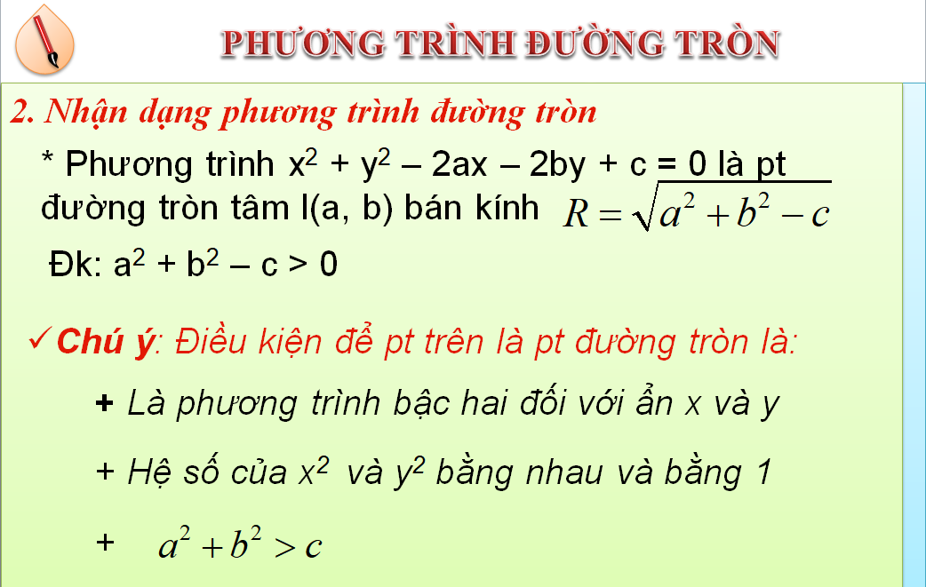 nhan dang phuogn trinh duong tron lop 10