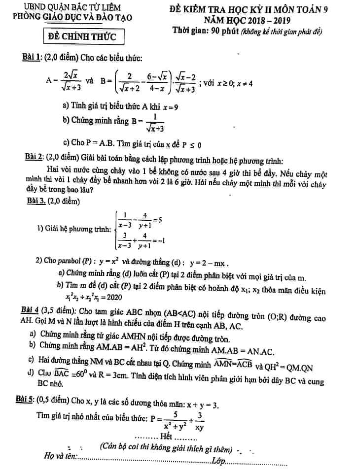 de thi hk2 lop 9 bac tu liem 2019